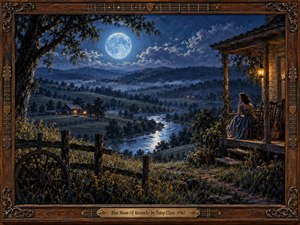 A luminous blue moon illuminates misty Kentucky hills and a winding silver river. A solitary woman in a vintage dress sits on a lantern-lit porch beside a guitar. Rich indigo tones, warm amber highlights, rustic fences, and an ornate carved wooden frame create a nostalgic oil painting filled with longing.