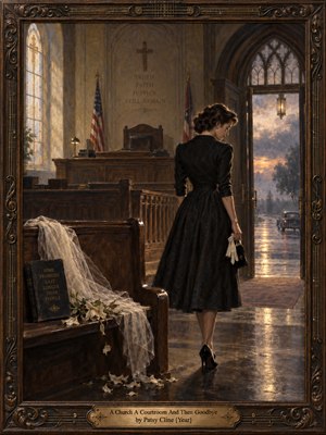 A solitary woman in a black 1950s dress leaves a shadowy churchlike courtroom, passing a discarded veil and wilted white flowers. Golden window light contrasts with rainy twilight beyond the doorway. Deep browns, glowing reflections, and delicate brushwork convey quiet heartbreak within an ornate carved wooden frame.