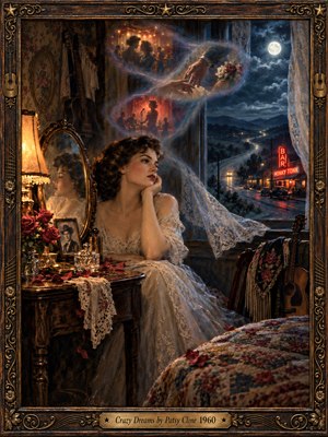 A wistful woman in a lace gown rests beside a lamplit vanity, gazing toward a moonlit highway and neon honky tonk. Dreamlike memories of romance swirl above her amid roses, mirrors, and guitars. Warm amber and midnight blue oil-painted tones deepen the nostalgic mood, enclosed by an ornate carved frame.