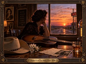 A wistful woman sits beside a rain-speckled window in a vintage country cafe, gazing toward a glowing sunset and an empty road. Warm amber light illuminates her guitar, cowboy hat, faded photograph, handwritten letter, and white flowers. Rich oil-paint textures, deep shadows, and an ornate bronze frame evoke enduring love and bittersweet memories.