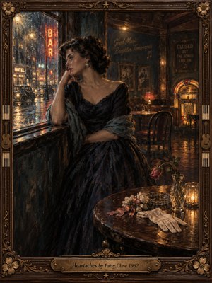 A solitary woman in a dark evening dress gazes through a rain-streaked nightclub window toward neon-lit streets. Amber lamps, a glowing jukebox, empty chairs, and a wilted rose deepen the heartbroken mood. Rich oil brushstrokes blend midnight blue with warm gold, enclosed by an ornate carved wooden frame and brass title plate.