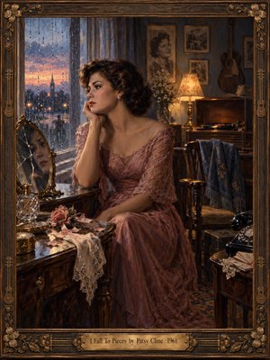 A wistful woman in a dusty rose gown gazes through a rain-streaked window in a nostalgic 1960s room. A cracked mirror, scattered roses, vintage telephone, and record player evoke heartbreak and longing. Warm amber lamplight contrasts with cool blue twilight. Rich oil-painted textures and an ornate carved wooden frame complete the melancholy scene.