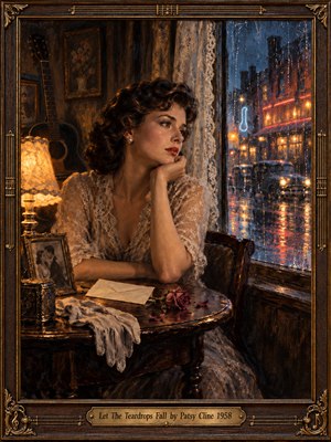 A wistful woman in a lace dress gazes through a rain-streaked window at a glowing 1950s street. Warm lamplight illuminates a faded rose, old photograph, letter, and guitar. Rich amber and midnight blue oil-painted textures deepen the lonely atmosphere, enclosed within an ornate carved wooden frame with brass musical details.