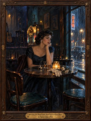 A solitary woman in a navy dress gazes through a rain-streaked bar window, her expression heavy with longing. Amber candlelight warms her table while a jukebox glows behind her. Deep blues, shimmering reflections, empty chairs, and an ornate wooden frame give this richly textured oil painting a nostalgic, melancholy atmosphere.
