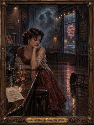 A lonely woman in a burgundy gown sits at a deserted honky-tonk bar, surrounded by wilted roses, whiskey, and drifting cigarette smoke. Ghostly dancers haunt the background while rain streaks glowing windows. Warm amber lighting contrasts with midnight blues in this richly textured oil painting, enclosed by ornate carved wood.
