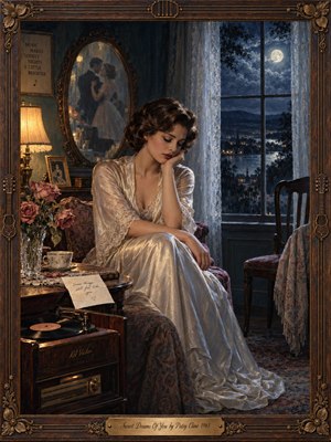 An elegant woman in an ivory gown sits pensively beside a moonlit window, surrounded by roses, a vintage record player, and a handwritten note. A blurred couple dances in the mirror, recalling lost romance. Warm amber lamplight meets cool blue shadows in this richly textured oil painting, bordered by ornate carved wood.