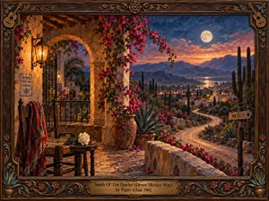 A moonlit Mexican valley unfolds beyond a lantern-lit adobe veranda, where an empty chair, patterned shawl, and white rose suggest longing. A winding road leads toward a glowing village beneath violet mountains and a coral sunset. Rich oil-painted textures, flowering vines, and an ornate carved frame deepen the nostalgic romance.