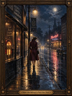A solitary woman in a burgundy coat walks through a rain-soaked 1950s town beneath a luminous full moon. Amber streetlamps and pink diner neon shimmer across dark blue pavement, while vintage storefronts and distant headlights deepen the wistful silence. Rich oil-painted textures glow within an ornate, guitar-accented wooden frame.
