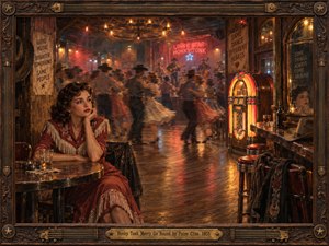 A wistful woman in a fringed red dress sits alone inside a lively 1950s honky-tonk, surrounded by swirling dancers and glowing neon. Warm amber lighting illuminates polished wooden floors, a vintage jukebox, and distant musicians. Rich oil painting textures, nostalgic shadows, and an ornate brass-trimmed wooden frame evoke bittersweet romance.