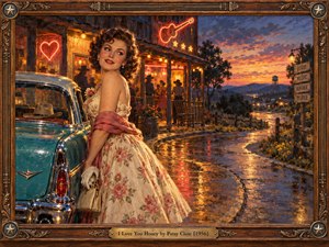 A smiling woman in a floral 1950s dress stands beside a turquoise vintage car outside a glowing country dance hall. Neon hearts and guitars illuminate a winding, rain-soaked road beneath a fiery sunset. Rich oil brushwork, golden reflections, and an ornate carved wooden frame create a playful, nostalgic atmosphere.