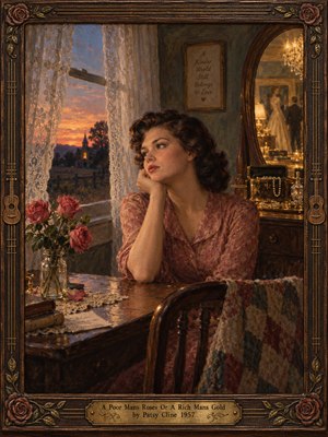 A wistful woman in a dusty rose dress gazes toward a countryside sunset through lace curtains. Simple pink roses contrast with glittering jewelry and golden reflections, symbolizing love over wealth. Warm amber lighting, rich oil textures, and an ornate carved wooden frame evoke nostalgic 1950s romance and quiet longing.