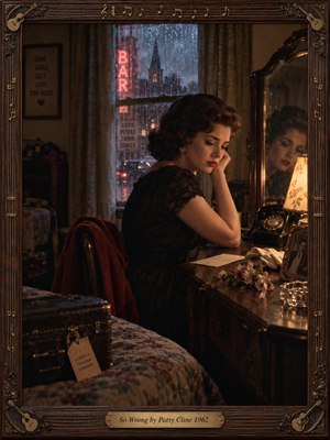 A wistful woman in a black lace dress sits beside a vintage vanity, her reflection echoing her regret. Rain streaks the window beyond glowing red neon, while warm lamplight softens the shadowy room. A rotary telephone, faded flowers, letter, and suitcase evoke heartbreak in this richly detailed, ornately framed cinematic portrait.