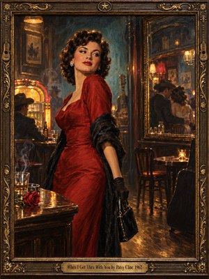 A confident brunette in a crimson dress and dark shawl commands a smoky 1960s honky-tonk. Amber jukebox light illuminates polished wood, a red rose, and whiskey glasses, while a distant couple appears in a mirror. Rich oil brushwork, teal shadows, and an ornate gilded frame heighten romantic tension.