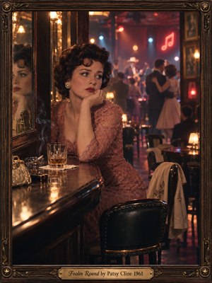 A wistful woman in a dusty rose lace dress sits alone at a polished honky-tonk bar, her reflection caught in a mirror. Amber lamps, crimson neon, drifting cigarette smoke, and softly blurred dancers create a bittersweet 1960s atmosphere. Cinematic film textures and an ornate brass-trimmed wooden frame deepen the nostalgia.