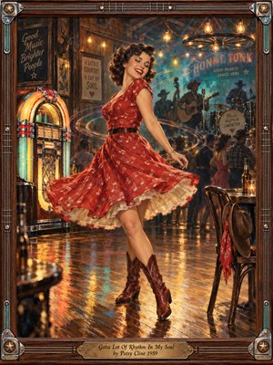 A joyful woman in a swirling red dress and cowboy boots dances across a gleaming honky-tonk floor. A glowing jukebox, shadowy band, and warm hanging bulbs animate the rustic room. Rich amber and turquoise reflections, expressive oil brushwork, and a carved wooden frame with engraved brass plaque capture 1950s exuberance.
