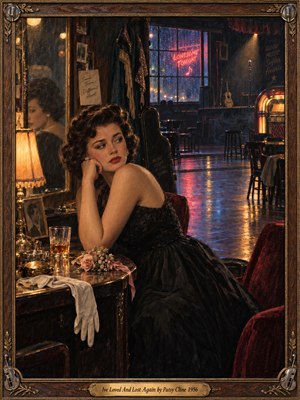 A wistful woman in a black gown sits beside a mirror in a deserted 1950s honky-tonk. Golden lamplight mingles with pink neon and rainy blue reflections across the polished floor. Wilted roses, white gloves, and a whiskey glass evoke lost romance in this richly textured oil painting, enclosed by an ornate wooden frame.
