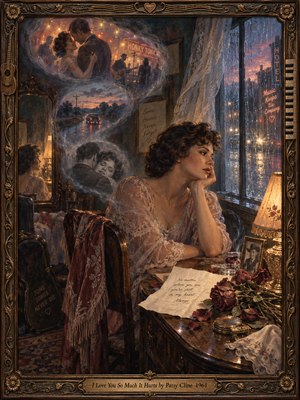 A sorrowful woman in a delicate lace gown gazes through a rain-streaked window, surrounded by swirling memories of romance, dancing, and farewell. Wilted roses, handwritten letters, and golden lamplight evoke aching nostalgia. Rich amber, rose, and midnight blue tones illuminate the detailed oil painting, enclosed within an ornate musical frame.