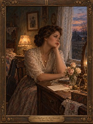 A wistful woman in a lace dress rests beside pale roses and handwritten letters in a modest country bedroom. Golden lamplight warms weathered wood while violet dusk glows beyond curtained windows. Richly textured oil painting, muted floral fabrics, sentimental keepsakes, and an ornate carved frame create tender, nostalgic melancholy.