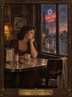 A wistful woman in burgundy sits alone in a vintage cafe, watching rain streak the windows as a car disappears beneath glowing neon. Warm amber light meets smoky blue twilight, while a fallen rose and empty chair suggest unresolved love. Rich oil painting textures and an ornate guitar-themed frame deepen the nostalgia.
