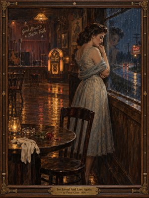 A lonely woman in a pale blue dress stands beside a rain-streaked honky-tonk window, her reflection haunting the night. Warm amber jukebox light illuminates empty chairs, polished wooden floors, a wilted rose, and forgotten gloves. Rich oil painting textures, melancholic blue shadows, and an ornate brass-trimmed frame evoke nostalgic heartbreak.