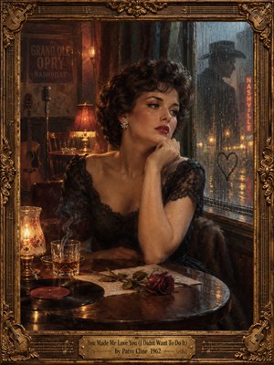 A wistful brunette in black lace gazes through a rain-streaked Nashville window at a shadowy cowboy silhouette. Amber lamplight illuminates a vintage lounge, handwritten letters, a fading rose, and a vinyl record. Deep blue shadows contrast with warm gold in this richly textured oil painting, enclosed by an ornate musical frame.