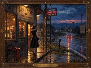 A lonely woman in a black dress watches a car disappear along a rain-soaked country road outside a glowing 1960s dance hall. Warm amber lights contrast with deep blue twilight, reflecting across wet pavement. Rich oil brushwork, vintage signs, distant hills, and an ornate wooden frame evoke romantic heartbreak.
