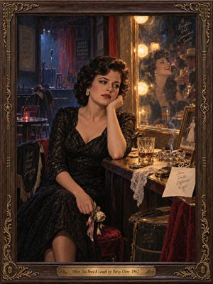 A melancholy singer sits beside a glowing dressing room mirror, her sorrowful expression contrasting with her laughing reflection. Warm amber lights illuminate a wilted corsage, whiskey glass, and drifting cigarette smoke. Deep blue shadows surround a deserted stage, while richly textured oil brushwork and ornate carved wood evoke nostalgic heartbreak.