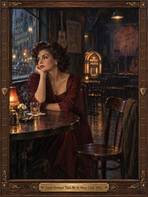 A wistful woman in a burgundy dress sits alone in a dim 1960s honky-tonk, gazing past a rain-streaked window. An empty chair, whiskey glass, curling smoke, and glowing jukebox deepen the melancholy. Warm amber light meets cool blue shadows in a richly textured oil painting enclosed by ornate wood and brass.