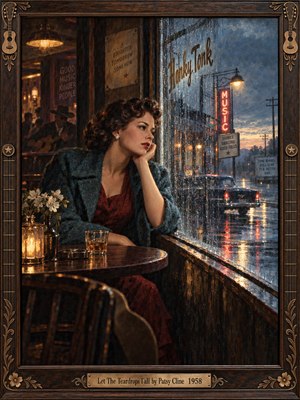 A wistful woman in a burgundy dress and teal coat gazes through a rain-streaked honky-tonk window as a vintage car disappears into twilight. Amber lamplight warms the shadowy interior, contrasting with blue streets and glowing red neon. Rich oil brushstrokes and an ornate carved wooden frame deepen the nostalgic melancholy.