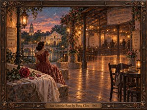 A solitary woman in a burgundy dress overlooks a lantern-lit San Antonio dance hall at sunset. Crimson roses, rustic architecture, distant musicians, and golden reflections evoke romantic nostalgia. Warm amber and dusky pink contrast with twilight blue in this richly textured oil painting, enclosed by an ornate carved wooden frame.