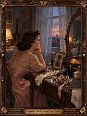 A wistful woman in a rose lace dress sits at a vintage vanity, gazing through delicate curtains toward a dusky skyline. Pearls, gloves, flowers, and an old photograph evoke lingering heartache. Warm lamplight meets cool blue twilight in this richly detailed oil painting, enclosed by an ornate carved wooden frame.
