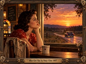 A pensive woman in a red floral dress sits inside a warmly lit 1950s country diner, gazing through a window at a vintage car receding along a country road. A glowing orange sunset, reflective pavement, rustic wood, a heart-marked coffee mug, and delicate daisies evoke heartbreak and enduring romantic memories.