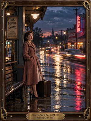 At a rain-soaked 1950s bus depot, a solitary woman in a rose-colored coat stands beside a suitcase, watching traffic blur through twilight. Amber streetlamps and crimson neon shimmer across wet pavement beneath a stormy blue sky. Cinematic vintage photography captures wistful loneliness within an ornate wood-and-brass guitar-themed frame.