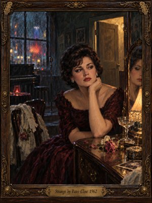 A melancholy woman in a burgundy gown sits alone in a vintage dressing room, surrounded by wilted roses, mirrors, and forgotten photographs. Rain streaks the window overlooking distant city lights. Warm amber lamplight contrasts with cool blue shadows, while an ornate wooden frame enhances the richly textured, nostalgic oil painting.