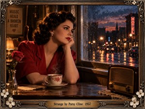A wistful woman in a red vintage dress gazes through a rain-streaked window at a glowing city street. Warm amber lamplight contrasts with deep blue twilight and shimmering reflections. An antique radio, steaming floral teacup, and crimson rose enhance the melancholic mood, framed by ornate bronze floral detailing.