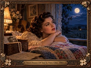A wistful brunette in a lace-trimmed robe gazes toward a moonlit countryside from a cozy vintage bedroom. Warm amber lamplight contrasts with deep blue night skies, illuminating a quilted bed, acoustic guitar, flowers, pearls, and a keepsake box. An ornate bronze musical frame completes this nostalgic, cinematic portrait of longing and remembrance.