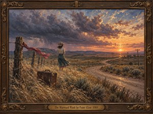 A solitary woman stands beside a windswept prairie road at sunset, her skirt fluttering beneath dramatic violet clouds. Golden light illuminates rolling grasslands, a weathered suitcase, and a crimson scarf tangled in barbed wire. Rich oil brushstrokes evoke longing and restless freedom, enclosed within an ornate carved wooden frame.