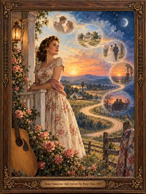A wistful woman in a floral 1950s dress gazes across a golden countryside from a rose-covered porch. A winding road links luminous bubbles of love and passing years beneath a sunset fading into starry blue. Warm lantern light, an acoustic guitar, and an ornate carved frame enrich the romantic oil painting.
