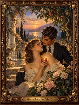 A young couple shares a tender gaze in a flowering garden above a sunlit lake, the woman holding a glowing apple. Roses, a stone fountain, and winding branches frame the scene beneath a golden sunset. Rich oil brushwork, warm amber light, and an ornate carved wooden frame evoke timeless romance.