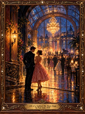 A young couple in elegant 1950s attire exchanges a tender glance inside a grand ballroom. Glittering chandeliers cast golden reflections across polished floors, while distant dancers and a midnight-blue cityscape create romantic depth. Rich oil brushwork, glowing amber light, and an ornate musical frame evoke timeless love and nostalgia.