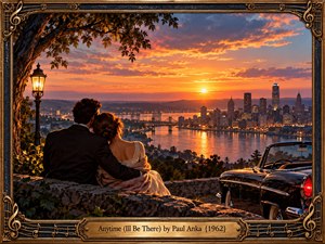 A couple sits close together on a stone overlook above a glowing waterfront city, sharing a quiet moment beneath a vivid sunset. Warm orange, pink, and purple skies reflect across the water, while a vintage convertible and lantern frame the scene. Rich cinematic lighting and ornate golden musical details evoke romantic nostalgia and devotion.