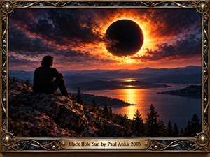 A solitary figure sits on a rugged cliff overlooking a vast lake beneath a colossal black eclipse. Fiery orange sunlight pierces turbulent purple clouds, illuminating distant mountains and shimmering water. The cinematic digital painting evokes eerie grandeur and melancholy, framed by ornate bronze celestial motifs and a gold title plaque.
