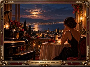 A woman in an elegant black dress sits at a candlelit terrace table overlooking a moonlit coastal city. A glossy grand piano, red roses, wine glasses, and golden lanterns create romantic intimacy. Deep burgundy, amber, and midnight blue hues glow within an ornate gold frame, evoking vintage elegance, longing, and quiet reflection.
