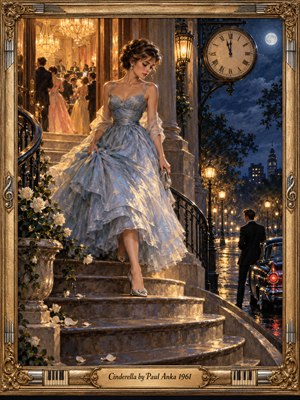 A wistful young woman in a shimmering blue gown descends curved stone steps from a golden ballroom into a moonlit city night. A clock nears midnight while a distant man waits beside a vintage car. Warm chandeliers contrast with cool indigo shadows in this romantic oil painting, enclosed by an ornate gilded frame.