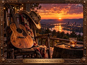 A weathered acoustic guitar rests against a rustic wooden chair draped with a patterned blanket and cowboy hat, overlooking a river valley at sunset. Amber light glows across distant hills and city lights, while a whiskey glass sits on a barrel table. Rich cinematic realism and ornate bronze detailing evoke wistful longing and country nostalgia.