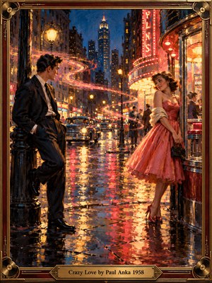 A suited young man and a woman in a flowing pink dress exchange flirtatious glances on a rain-soaked 1950s street. Neon marquees, vintage cars, and golden streetlights create shimmering reflections. Swirling ribbons of light enhance the dreamy romance. Rich oil brushwork, an ornate bronze frame, and an engraved title plate complete the scene.