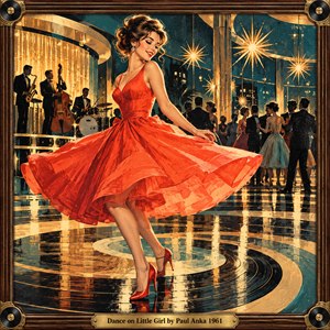 A smiling dancer in a swirling scarlet dress commands a glamorous 1960s ballroom, while a jazz band and elegant couples fill the background. Golden starburst lights illuminate teal windows and a glossy, record-patterned floor. Rich screen print textures, warm nostalgia, and an ornate wood and brass frame complete the scene.