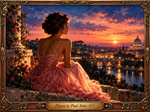 A young woman in a flowing rose-colored gown overlooks a romantic European city at sunset. Golden reflections shimmer across the river beneath a vibrant pink, orange, and violet sky. Rich painterly textures evoke 1950s nostalgia and youthful longing. An ornate bronze frame features musical notes, floral embellishments, and an engraved title plate.
