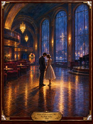 A young couple stands close on a gleaming ballroom floor beneath golden chandeliers, their shadows stretching across polished wood. Rain streaks towering blue windows behind crimson velvet booths, a glowing jukebox, and a grand piano. Rich oil brushwork evokes wistful 1950s romance, framed by ornate mahogany and engraved brass.