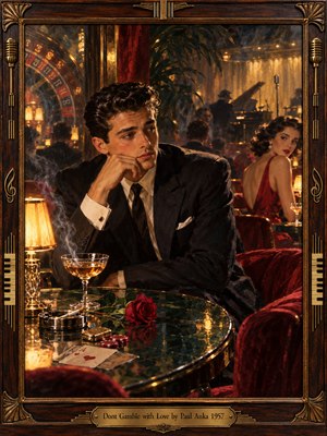 A pensive young man in a dark suit sits beside a glowing lamp in a smoky 1950s casino lounge. A woman in red glances back amid roulette lights and distant musicians. Cards, chips, and a rose suggest romantic risk. Rich amber lighting and painterly shadows fill an ornate brass-trimmed frame.